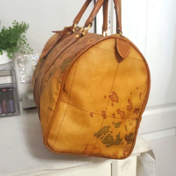 🇮🇹RAREALVIERO Martini Large Boston/speedy World Map Print Leather Duffel Bag🤎 - Picture 4 of 17